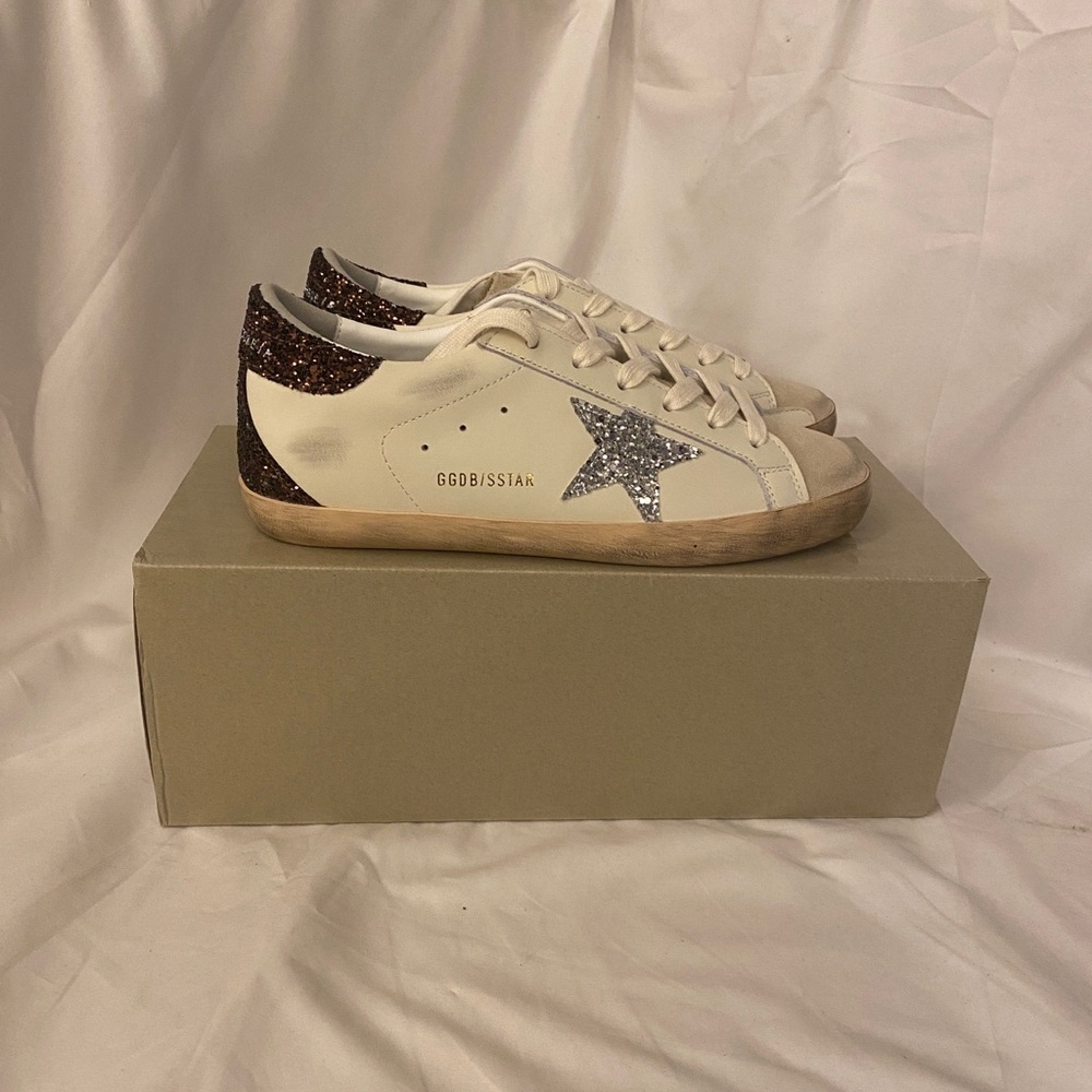 Golden Goose White Sneakers with Silver and Brown Accents